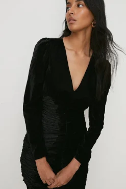 Fashion Oasis Velvet Ruched V Neck Mini Dress Black