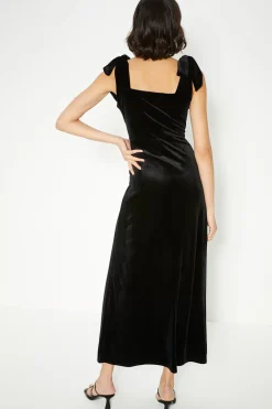 Hot Oasis Velvet Tie Shoulder Dress Black