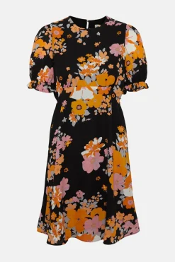 Clearance Oasis Vibrant Floral Puff Sleeve Skater Tea Dress Multi