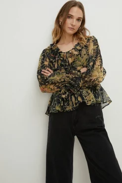 Clearance Oasis Vintage Floral Crinkle Chiffon Tie Blouse Black