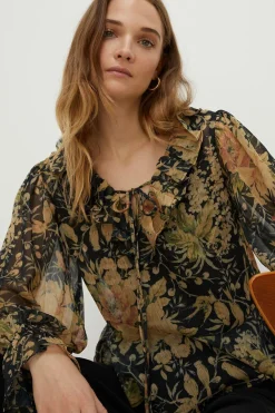 Clearance Oasis Vintage Floral Crinkle Chiffon Tie Blouse Black