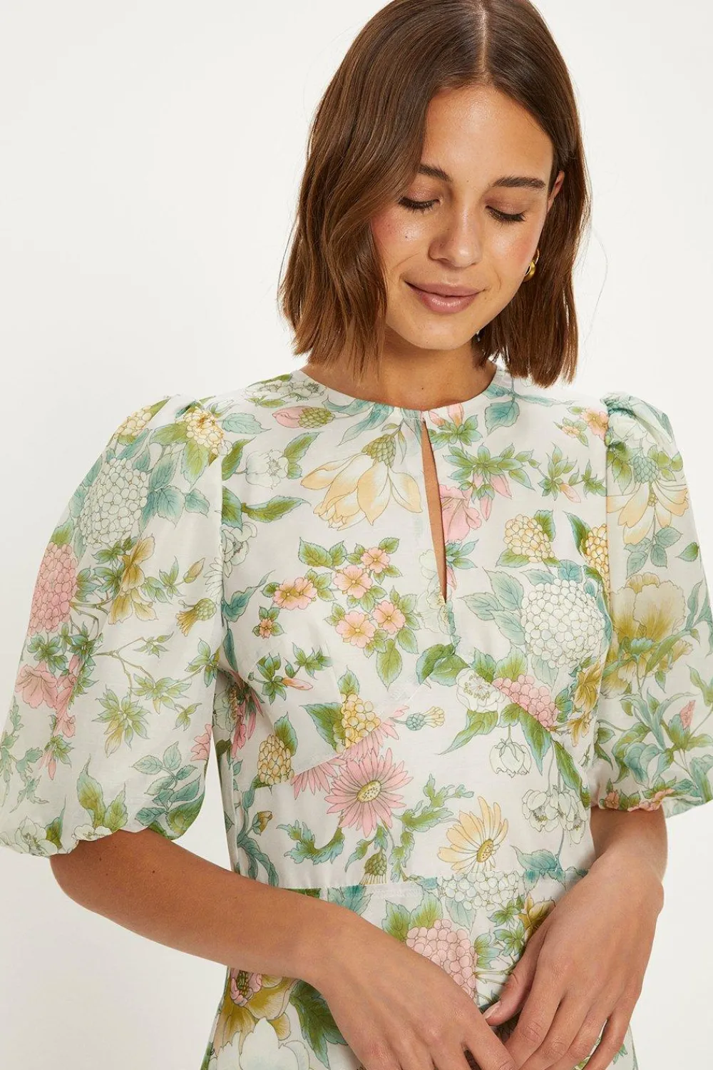 Online Oasis Vintage Floral Organza Keyhole Midi Dress Ivory