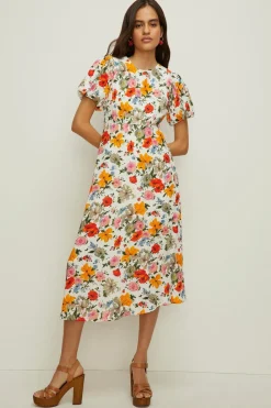 Outlet Oasis Watercolour Floral Puff Sleeve Midi Dress Ivory