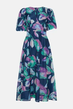 Clearance Oasis Watercolour Keyhole Organza Midi Dress Navy