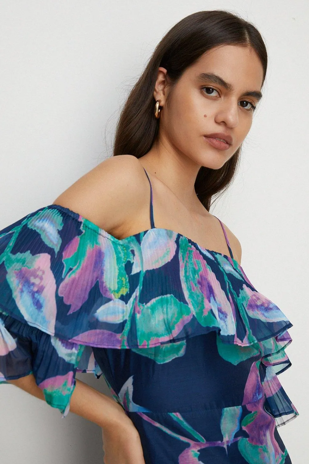 New Oasis Watercolour Organza Pleated Ruffle Midi Dress Navy