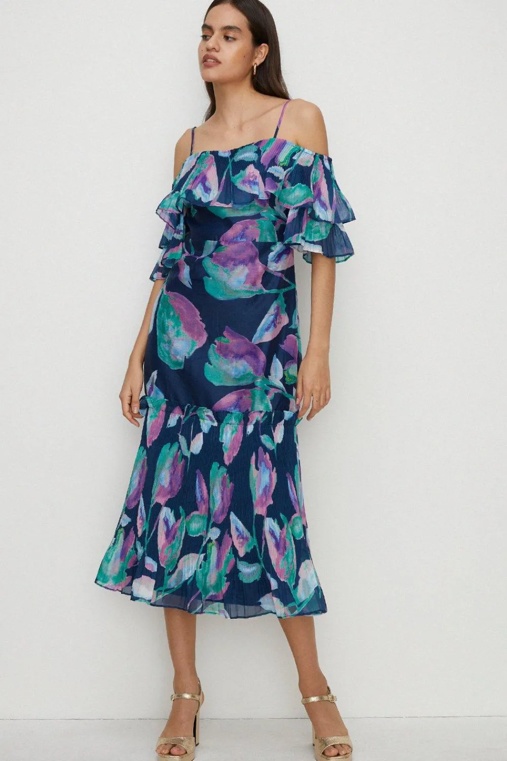 New Oasis Watercolour Organza Pleated Ruffle Midi Dress Navy