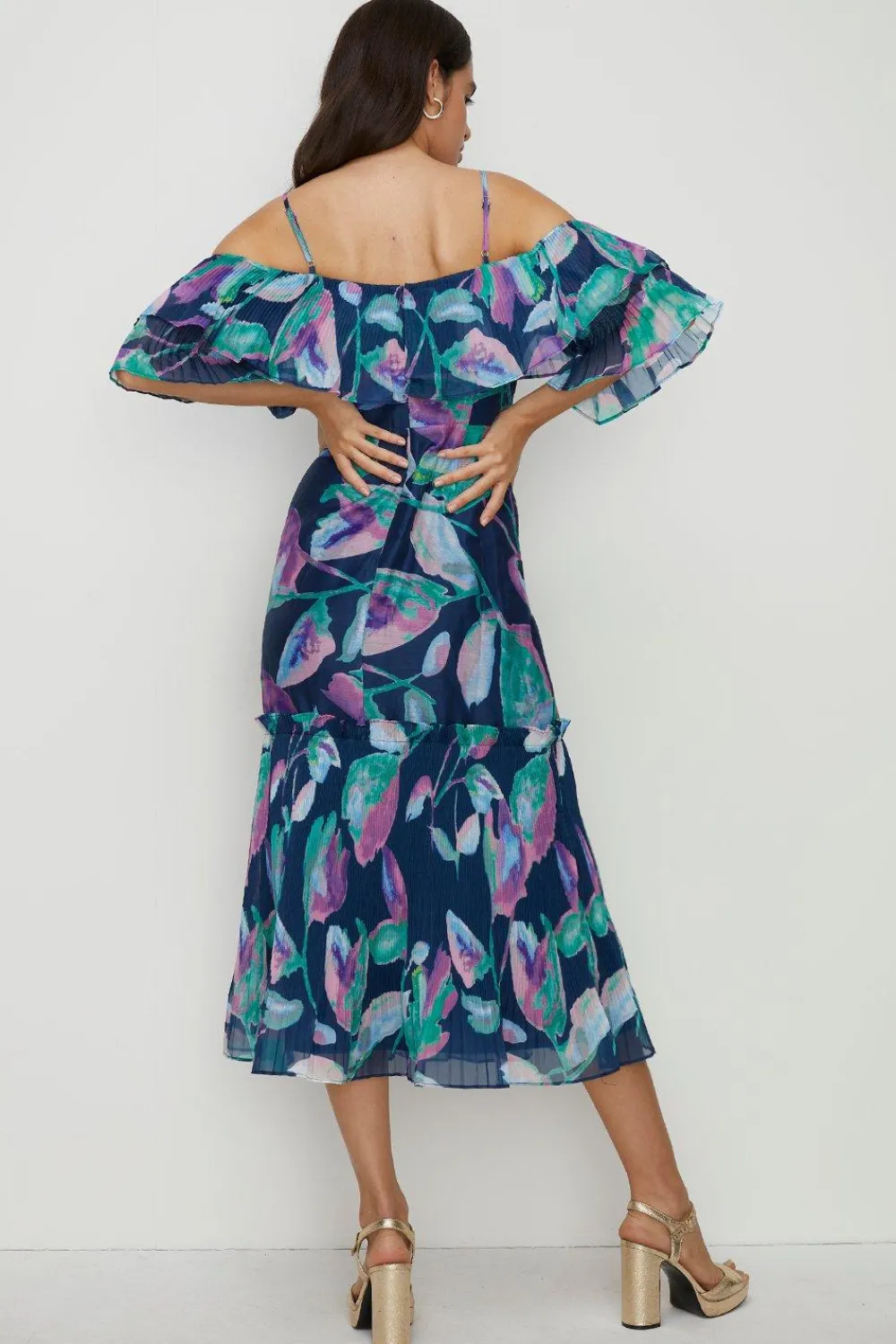 New Oasis Watercolour Organza Pleated Ruffle Midi Dress Navy
