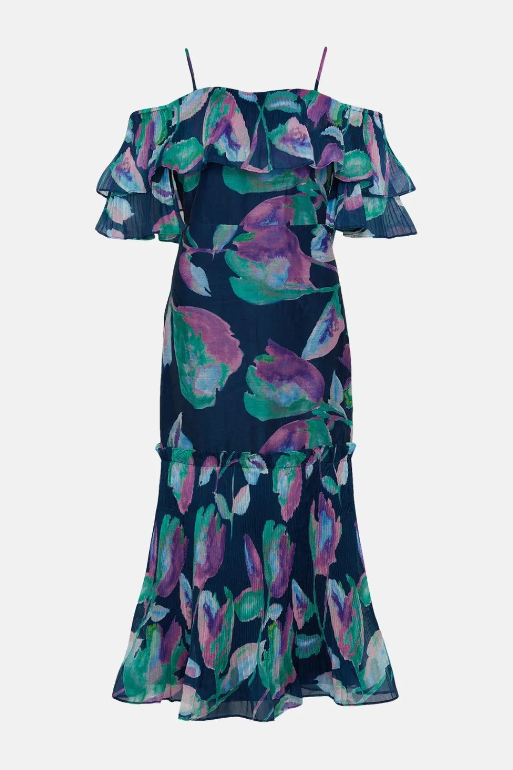 New Oasis Watercolour Organza Pleated Ruffle Midi Dress Navy
