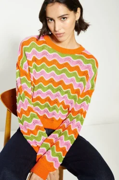 Fashion Oasis Wavy Stripe Pointelle Detail Jumper Multi