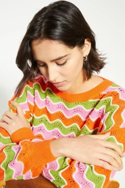 Fashion Oasis Wavy Stripe Pointelle Detail Jumper Multi