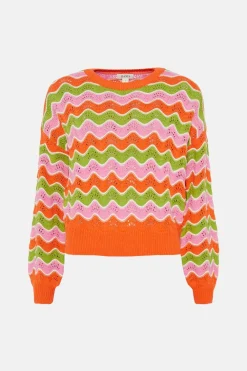 Fashion Oasis Wavy Stripe Pointelle Detail Jumper Multi