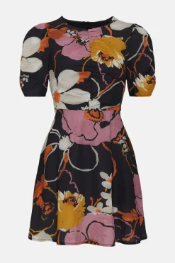 Online Oasis Wild Daisy Ruched Front Skater Dress Black