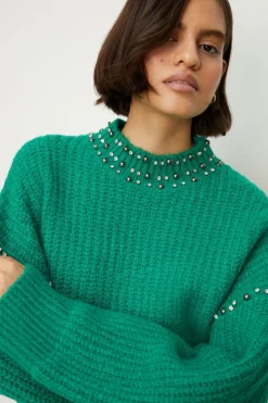 Sale Oasis Wool Blend Embellished High Neck Jumper Green