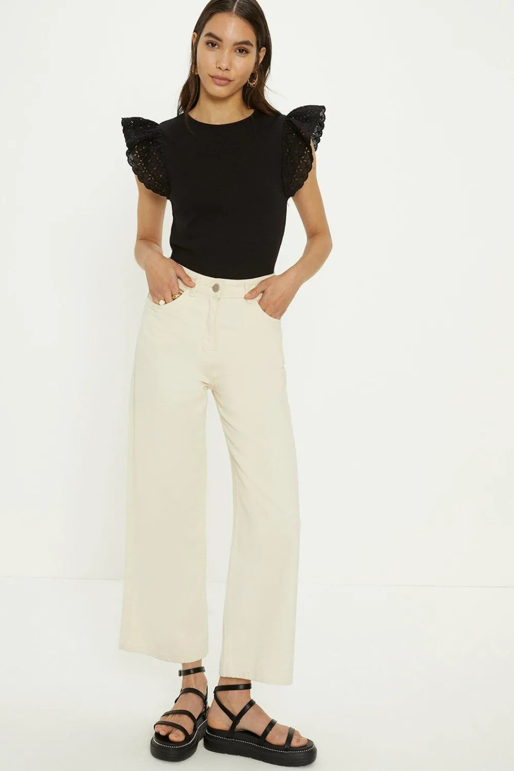 Hot Oasis Woven Broderie Frill Sleeve Rib Tshirt Black