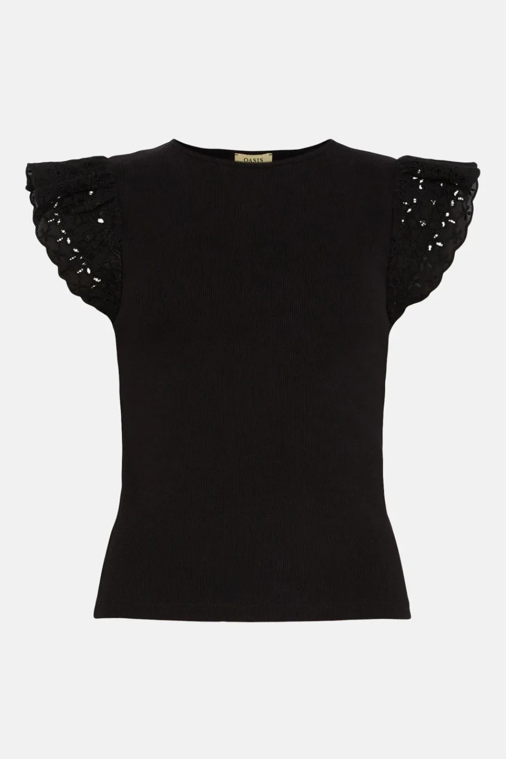 Hot Oasis Woven Broderie Frill Sleeve Rib Tshirt Black