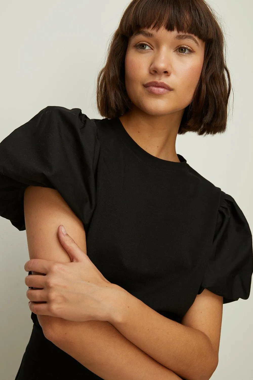 Online Oasis Woven Mix Puff Sleeve T Shirt Black