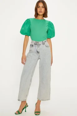 Online Oasis Woven Mix Puff Sleeve Tshirt Green