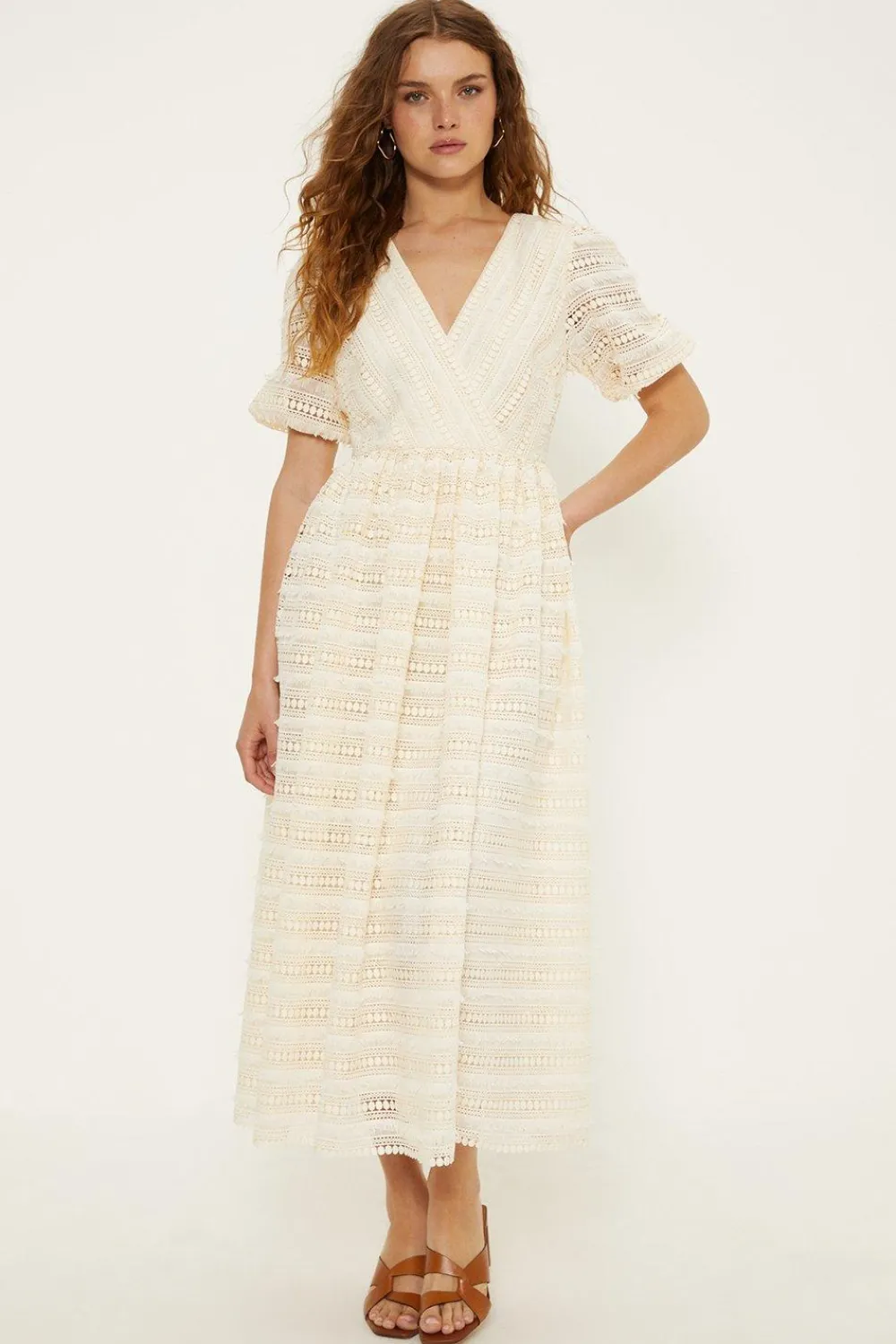 Hot Oasis Wrap Front Puff Sleeve Lace Midi Dress Ivory