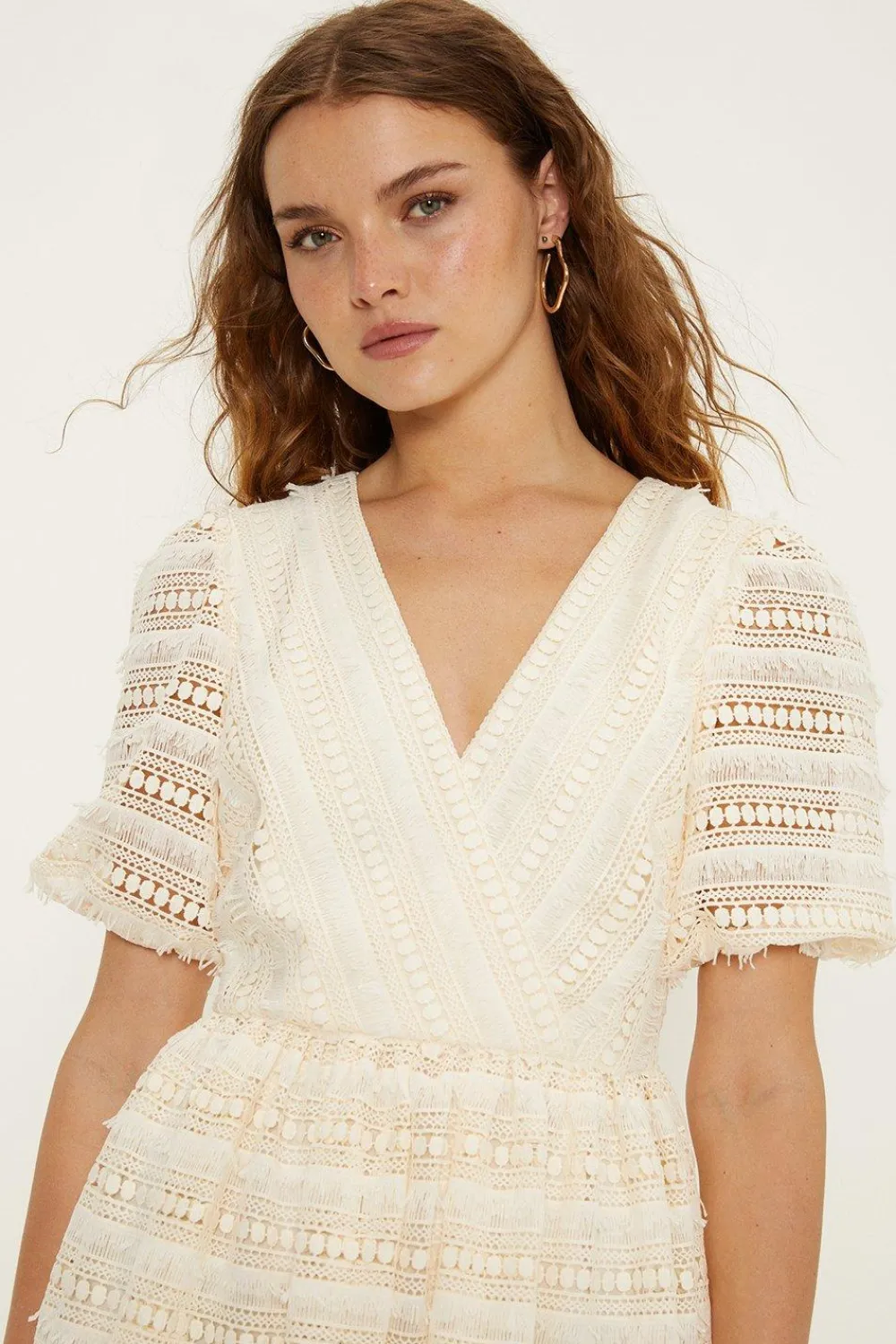 Hot Oasis Wrap Front Puff Sleeve Lace Midi Dress Ivory
