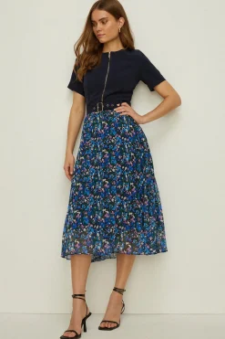 Fashion Oasis Zip Through Floral Pleated Dress Navy